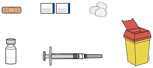 Adhesive bandage, two gauze pads, cotton balls, glass vial, syringe with needle, and yellow sharps container for disposal of medical waste