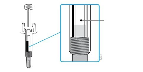 Technical diagram of a syringe with a close-up detail showing the liquid level inside