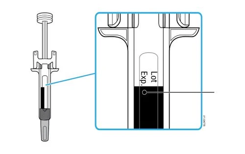 Technical diagram of a syringe with a close-up of the barrel showing the markings 'Lot' and 'Exp' next to a circular black indicator
