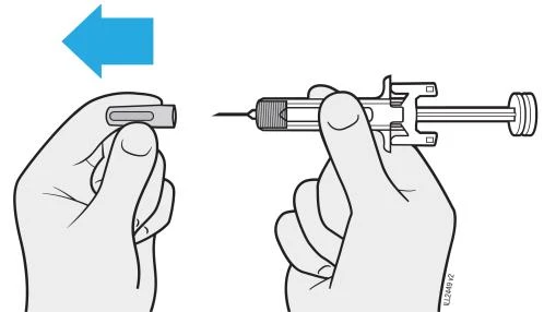 Two hands hold a syringe pushing it toward a gray cylinder indicated by a blue arrow pointing to the left