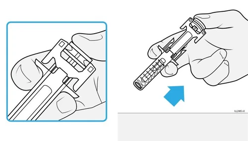 Technical drawing showing two hands gripping and rotating a cylindrical medical device with a blue arrow indicating rotational movement