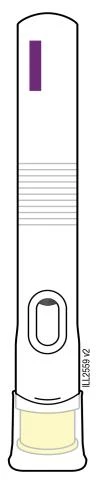 White pen-shaped medical device with a purple upper band, a central ribbed section, and an oval window with a dark background