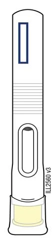 White elongated medical device with a blue rectangular window, horizontal grooves, and an implied component