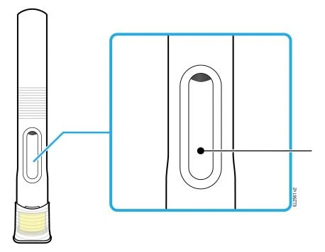 Technical diagram of a medical device with a close-up showing a detail of an oval window on a white cylindrical body