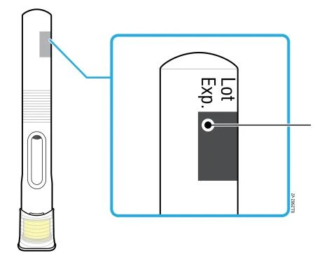 Technical diagram of a medical device with a close-up of the upper part showing 'Lot' and 'Exp' printed on a dark band