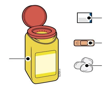 Illustration of a yellow vial with a red cap, and an implied component