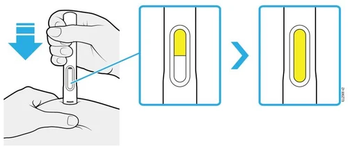 Illustration showing a hand pressing a medical device against the skin with a close-up highlighting the yellow level moving within a window