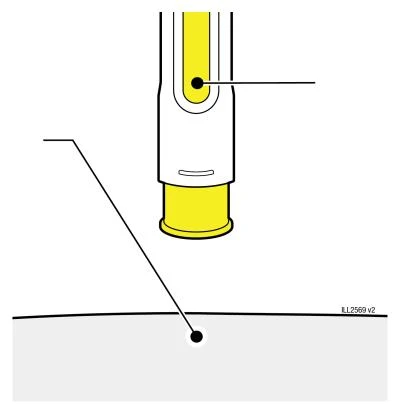 Medical diagram showing a yellow device with a black dot connected by a line to a black dot on the skin surface