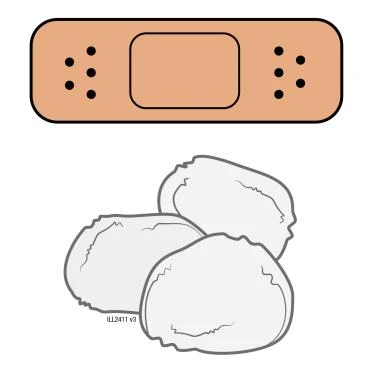 Skin-colored adhesive bandage with two rows of small black dots on the sides and three bags of white powder or irregular tablets underneath