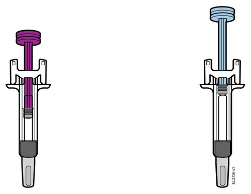 Technical diagram of two injection pens side by side, one with a purple plunger and another element implied