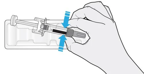 A hand holds a pre-filled syringe above its packaging, with two blue arrows indicating downward pressure movement