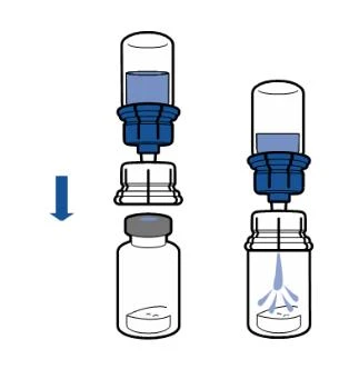 Diagrama que muestra la inserción de la aguja en el tapón del frasco