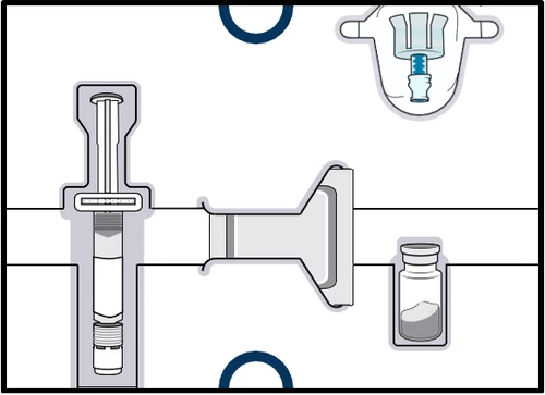 Diagramma medico che mostra una siringa con stantuffo, un flaconcino di vetro con polvere bianca e un connettore con valvola blu su sfondo bianco