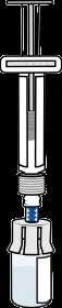 Illustrazione di una siringa con stantuffo che viene inserita nel tappo di un flacone di medicinale contenente un liquido chiaro