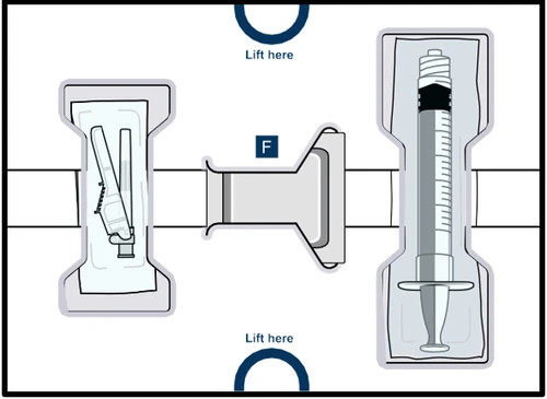Diagramma che mostra tre componenti di un dispositivo medico con scritte Lift here per indicare dove sollevare le parti per l'apertura