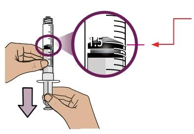 Due mani impugnano una siringa con una freccia verso il basso e un ingrandimento che mostra il livello del liquido a 1,5 unità