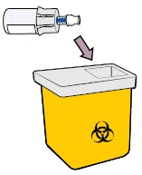 Illustrazione di un flaconcino di vetro che viene gettato con una freccia verso un contenitore giallo per rifiuti biologici con simbolo di rischio