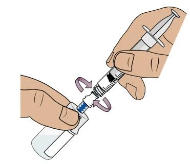 Due mani che ruotano una siringa per agganciarla a un flaconcino di vetro tramite un connettore blu con frecce curve che indicano il movimento