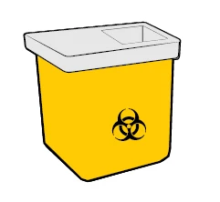 Contenitore giallo per rifiuti biologici con coperchio bianco e simbolo del rischio biologico nero sulla parte frontale