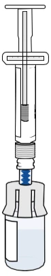 Disegno tecnico di una siringa con stantuffo e ago separati da un flaconcino di vetro contenente un liquido trasparente