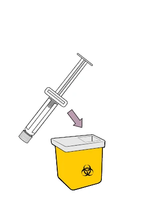 Disegno di una siringa senza ago che viene inserita in un contenitore giallo per lo smaltimento di rifiuti biologici con simbolo di rischio