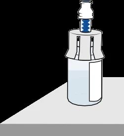 Flaconcino cilindrico trasparente con liquido interno e un tappo bianco con connettore blu posizionato su una superficie piana grigia