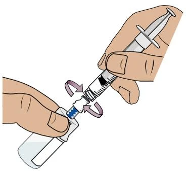 Due mani che maneggiano una siringa e un flacone di vetro per il prelievo del farmaco con frecce che indicano il movimento di rotazione