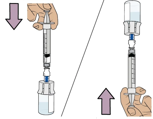Illustrazione medica che mostra due fasi per l'uso di una siringa: una mano inserisce l'ago nel flaconcino e l'altra preleva il liquido