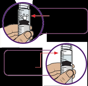 Due diagrammi circolari mostrano una mano che impugna una siringa con indicazioni su bolle d'aria e livello del liquido nel cilindro