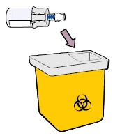 Un flaconcino di vetro con tappo blu viene inserito tramite una freccia in un contenitore giallo per rifiuti biologici con simbolo di rischio