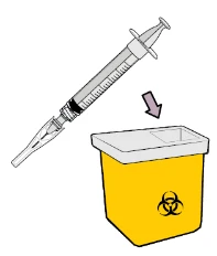 Disegno di una siringa con ago che viene gettata in un contenitore giallo per rifiuti biologici con simbolo di rischio biologico