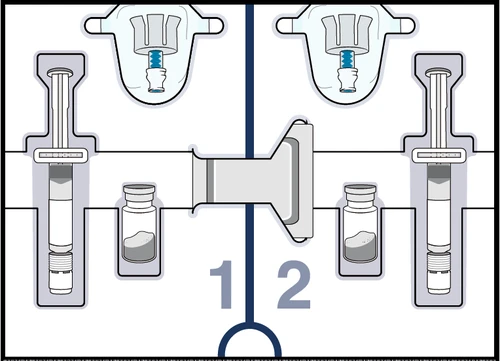Diagramma medico che mostra due siringhe preriempite con flaconi di farmaco accanto ai numeri 1 e 2 su sfondo bianco