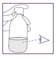 Disegno lineare di una mano che tiene un flacone di medicinale mentre un occhio osserva il livello del liquido all'interno della bottiglia