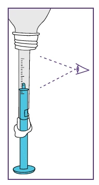Diagramma che mostra un occhio che osserva il livello del liquido all'interno di una siringa graduata con stantuffo azzurro e corpo trasparente