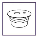 Disegno schematico in bianco e nero di un tappo o contenitore cilindrico con base larga e superficie superiore piatta dotata di due fori