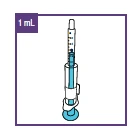 Disegno tecnico di una siringa da 1 ml contenente un liquido azzurro con scala graduata e pistone posizionato su sfondo bianco