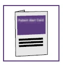 Una tessera informativa per il paziente con una banda viola superiore con la scritta Patient Alert Card e tre righe nere sottostanti