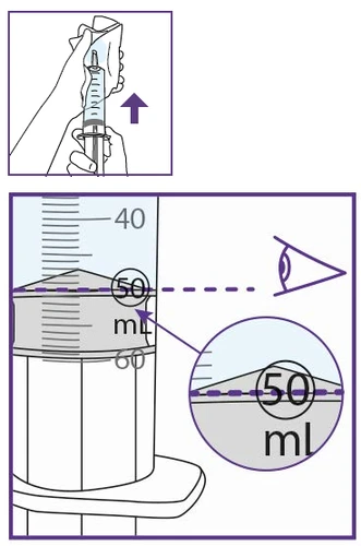 Disegno tecnico che mostra una mano che solleva una siringa e un ingrandimento del livello del liquido allineato alla tacca dei 50 ml
