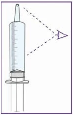 Disegno tecnico di una siringa trasparente con scala graduata e un occhio che osserva il livello del liquido all'interno del cilindro