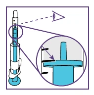 Diagramma medico che mostra un dettaglio ingrandito della scala graduata su un dispositivo di iniezione con una freccia che indica un segno nero