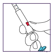 Una mano impugna una penna iniettore medica con una scala graduata visibile sulla parte superiore e un pulsante rosso centrale