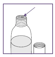 Disegno tecnico di un flacon con tappo rimosso e una freccia viola che indica un foro sulla parte superiore del collo del contenitore