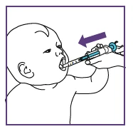 Disegno lineare di un neonato con la bocca aperta mentre una mano inserisce una siringa senza ago per somministrare il farmaco per via orale