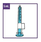 Siringa graduata azzurra con indicazione 5 mL in un riquadro viola su sfondo bianco