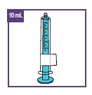 Disegno tecnico di una siringa azzurra da 10 ml con scala graduata nera e pistone, racchiuso in una cornice viola su sfondo bianco