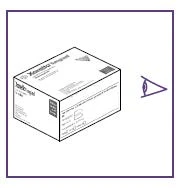 Disegno tecnico di una scatola di medicinale bianca con scritte viola e un simbolo grafico stilizzato di un occhio sulla destra