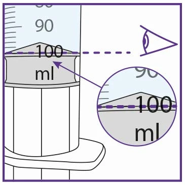 Diagramma di una siringa con indicazione del livello del liquido a 100 ml allineato con l'occhio per una lettura precisa del dosaggio