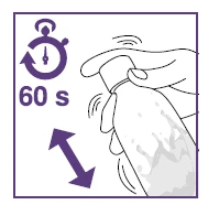Disegno stilizzato di una mano che agita un flacone con un cronometro e una freccia a doppia punta che indica il movimento per 60 secondi