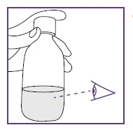 Una mano tiene una boccetta di vetro contenente un liquido mentre un occhio osserva il livello del contenuto attraverso una linea tratteggiata