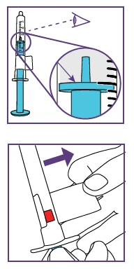 Diagramma che mostra una siringa con ingrandimento del pistone e una mano che preme la parte superiore del dispositivo medico